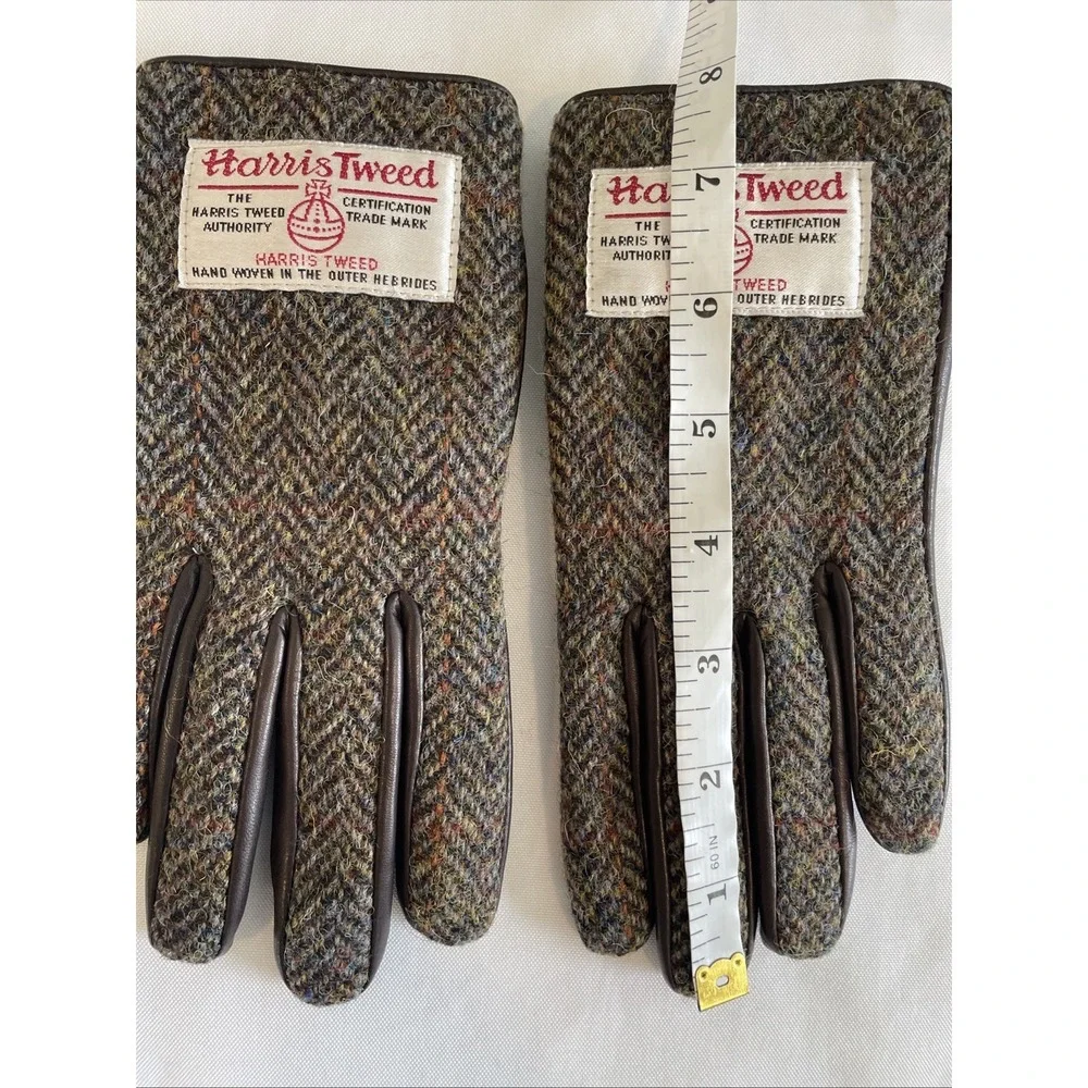 NWOT Harris Tweed Scotland Wool Leather Gloves S Brown Herringbone Peter James